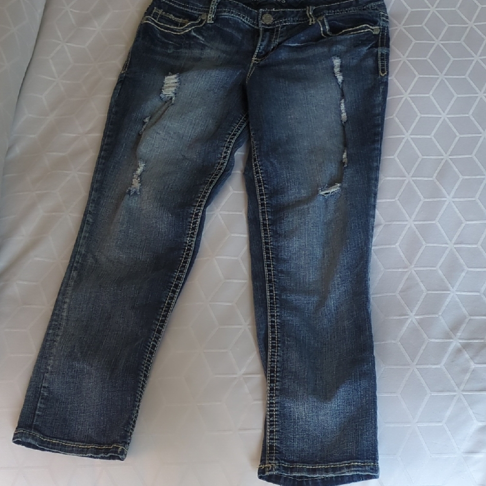 Maurices Blue Straight Leg Jeans with Distressed Details